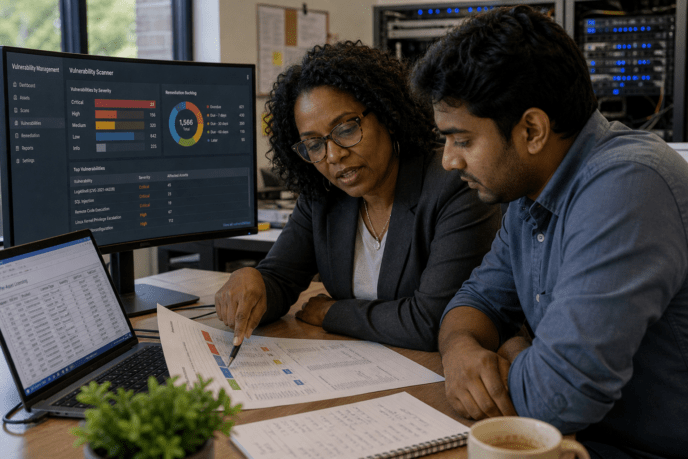 team reviewing vulnerability management cost report