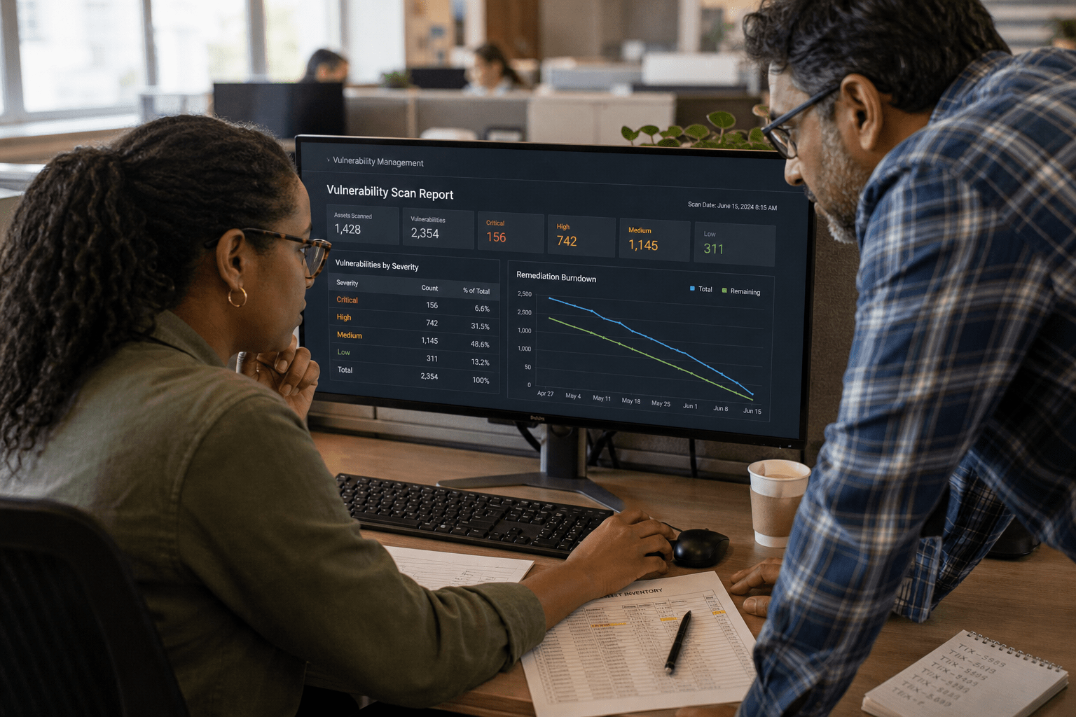 Vulnerability Management Guide: 7 Risks SMBs Miss in 2026 1 Vulnerability management scan review with SMB IT team