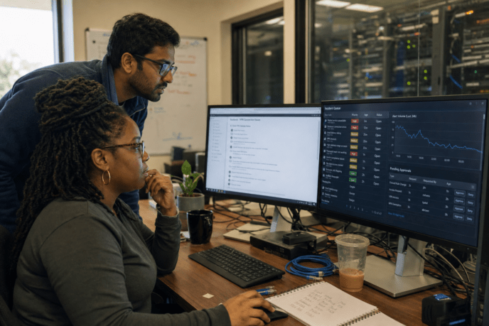 IT engineers reviewing AI agent ticket queue