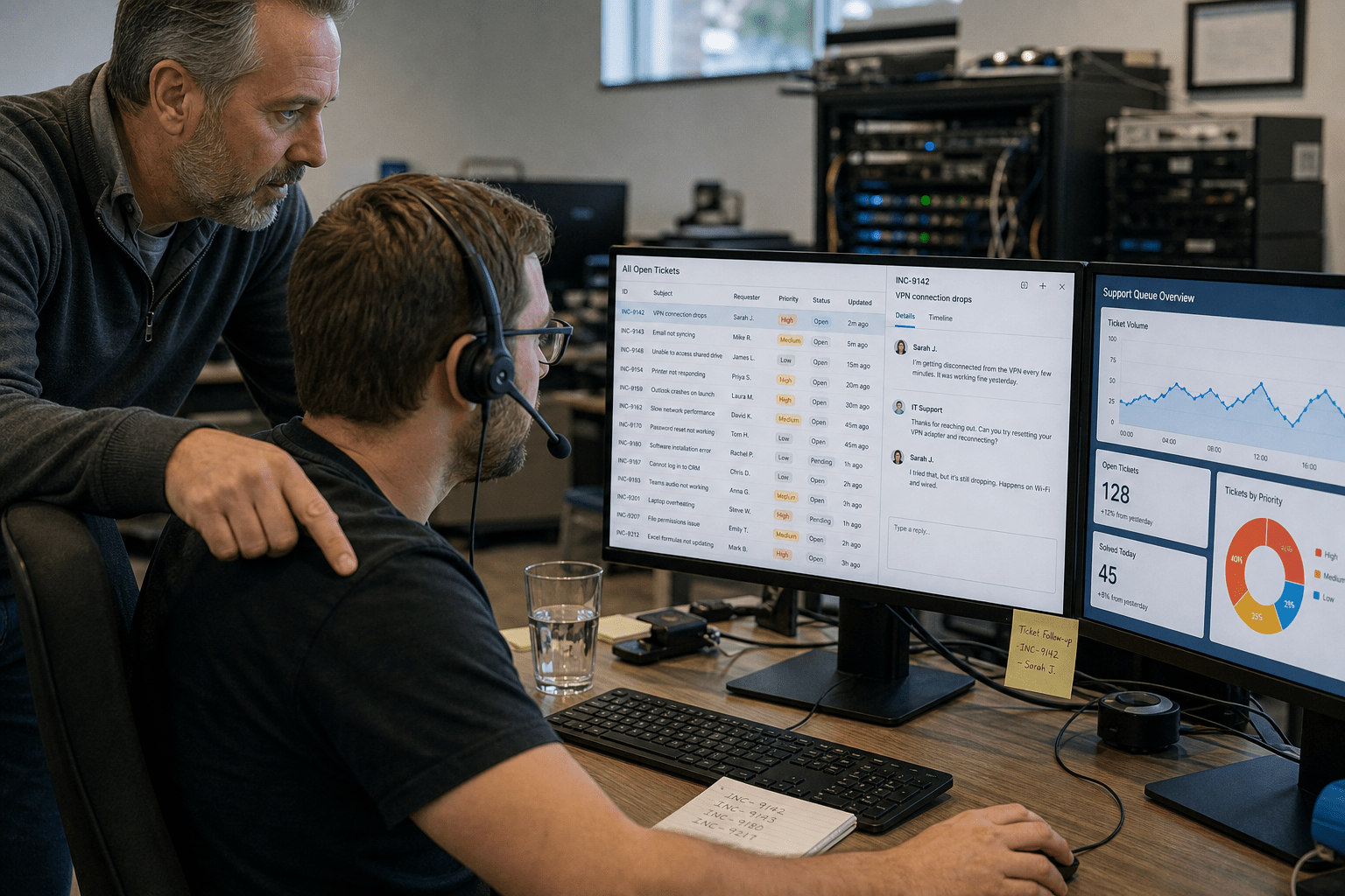 AI-Driven Help Desk: 5 Tickets You Should Never Automate 1 Help desk technician reviewing an IT support ticket queue on screen