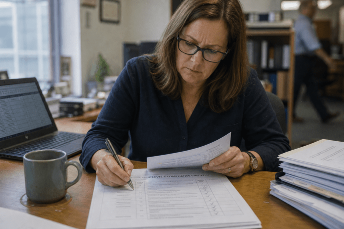 Compliance officer reviewing CMMC audit documents at desk