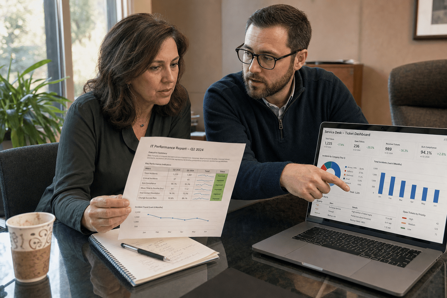 How Do You Know When Your Managed IT Services Are Actually Working 1 Operations director and IT engineer reviewing a quarterly managed IT performance report