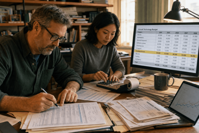 Owner and finance lead planning an annual technology budget together