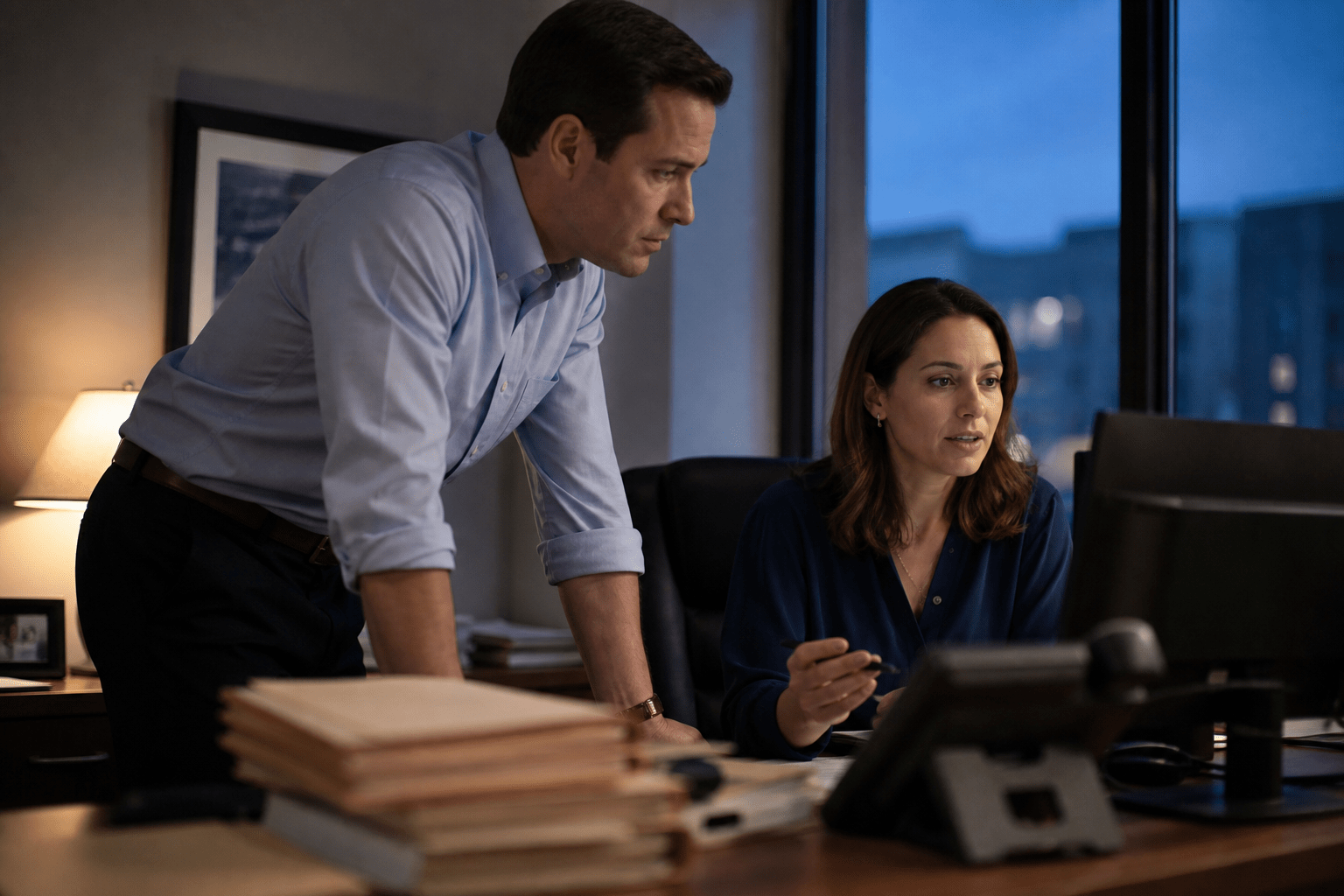 In-House IT vs Managed IT: 5 Gaps Law Firms Miss in 2026 1 Two law firm staff reviewing a system issue on a monitor in the early evening