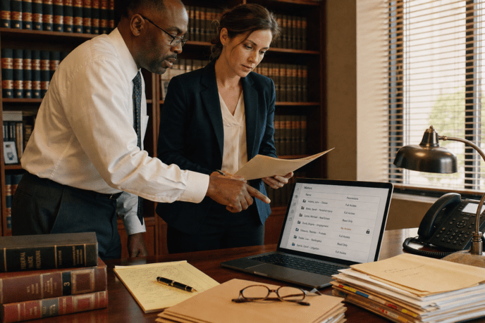 Attorneys reviewing client file security and IT risk in a law office