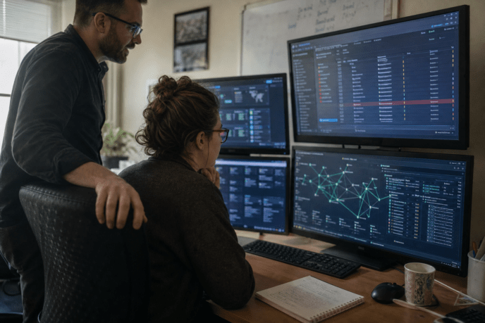Security analyst monitoring ransomware protection dashboards