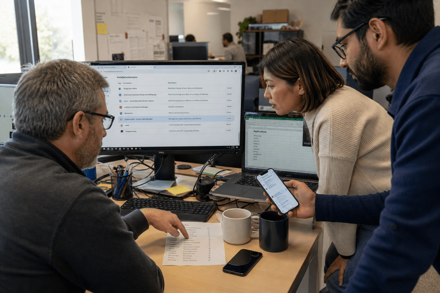 Shadow AI Oversight: 6 Unapproved Tools in Your Business 1 Team reviewing a list of AI tools employees use without approval