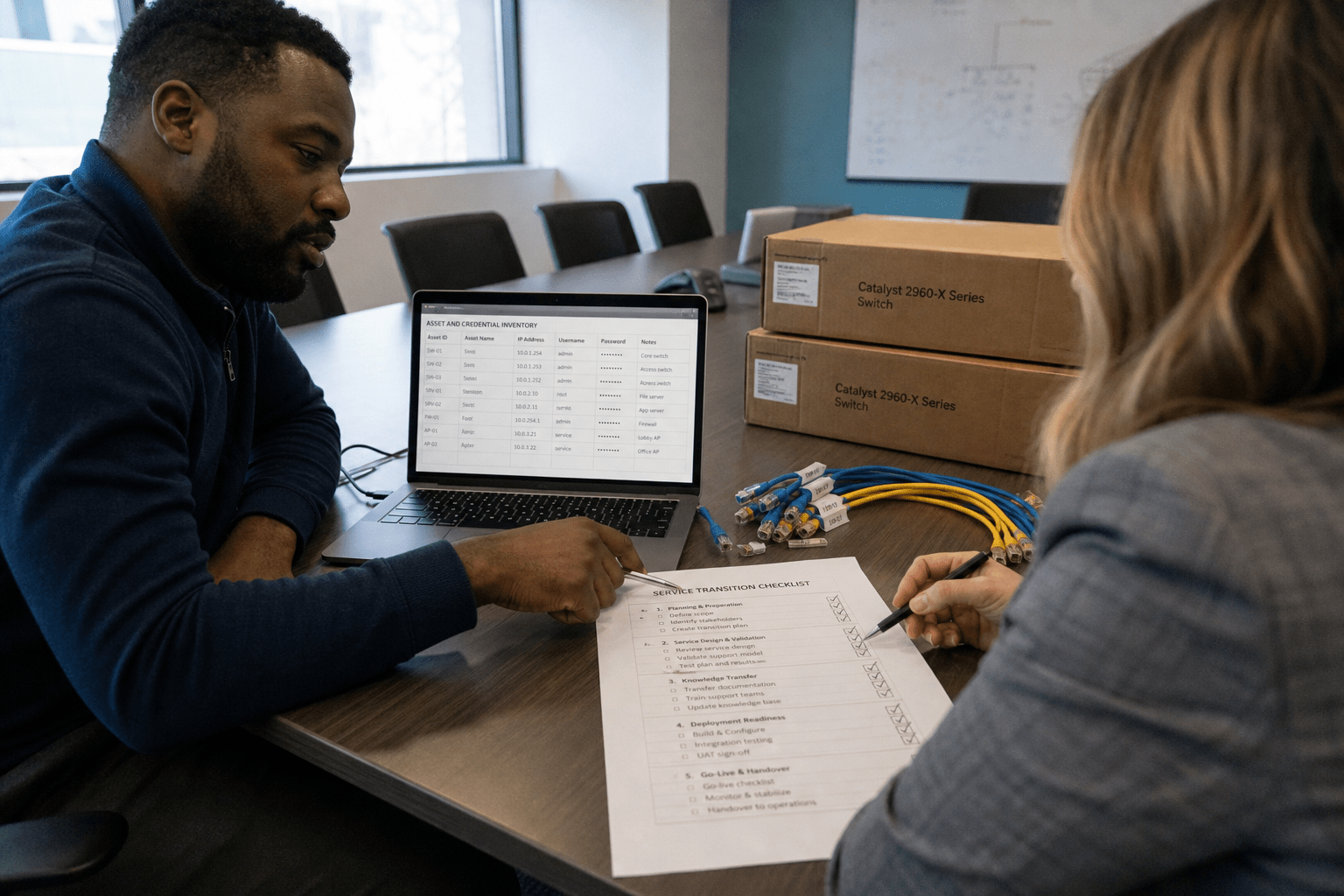Switching IT Providers: 5 Hidden License and Tenant Traps 1 Two colleagues reviewing an IT transition checklist