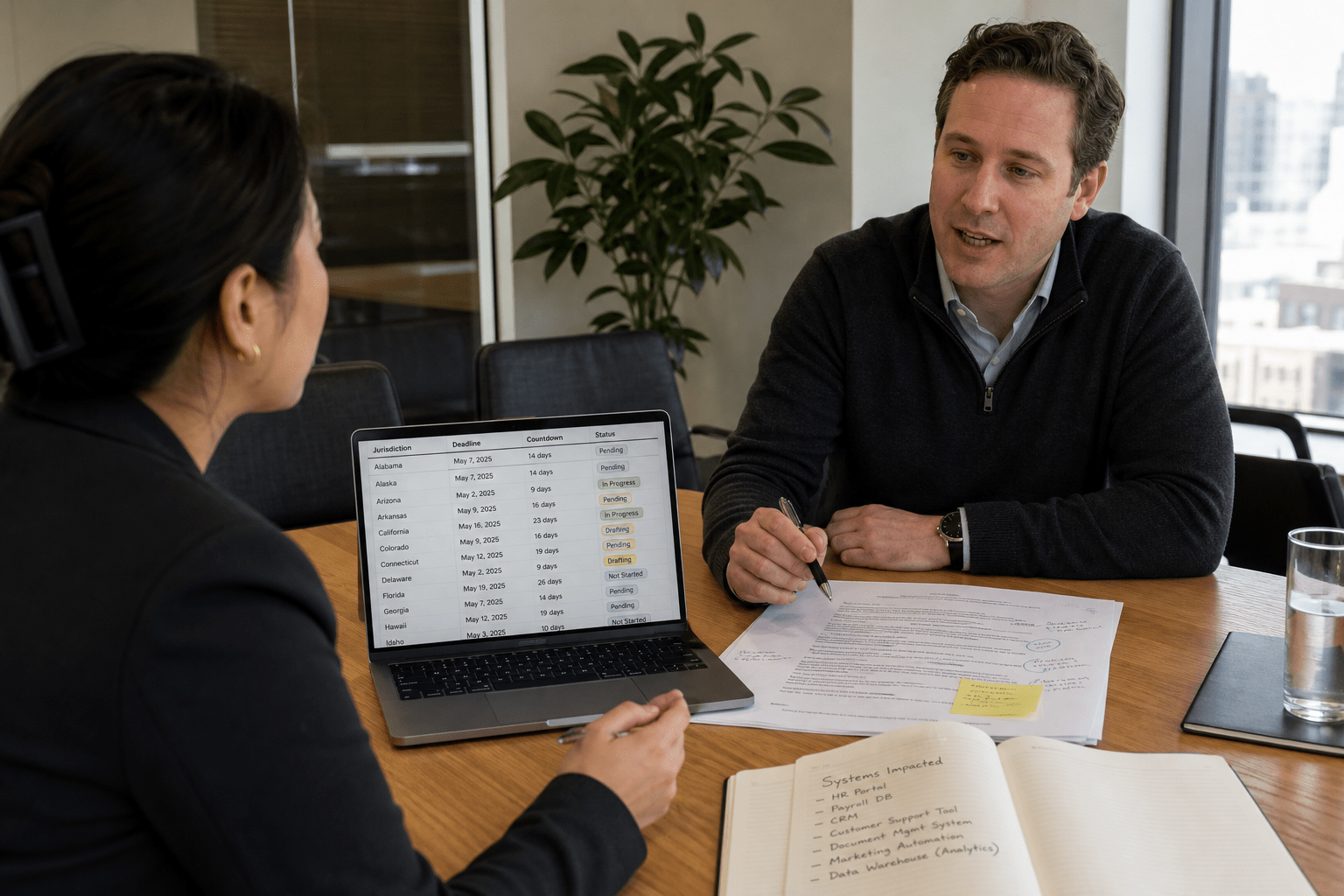 Best AI Tools for Data Breach Notification Drafting in 2026 1 Compliance officer and legal counsel reviewing a breach notification deadline matrix and draft notice letter on screen in an office
