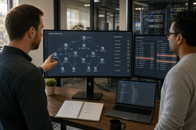 Two IT professionals reviewing an application dependency map and data comparison table on office monitors during migration planning