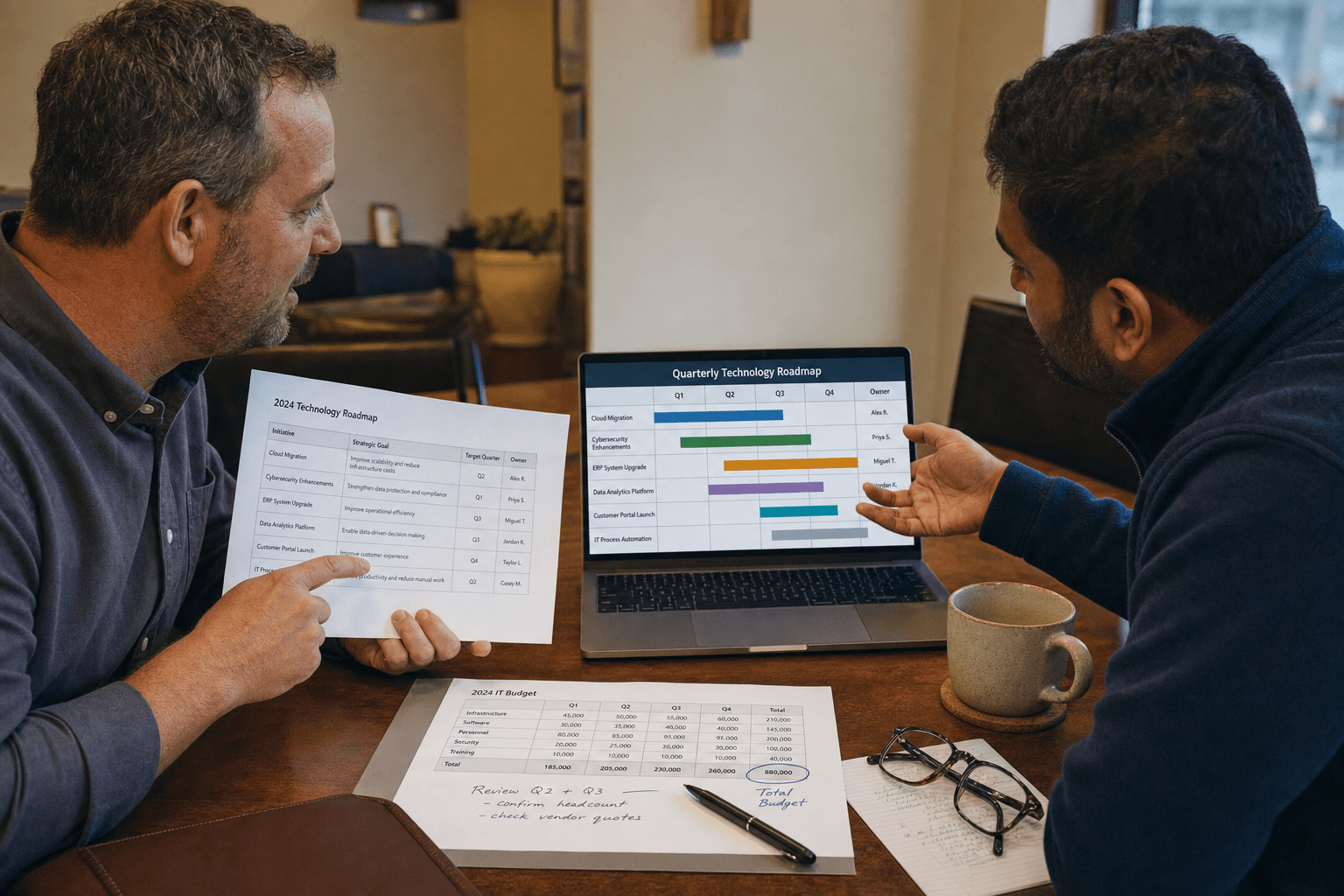 vCIO and IT Strategy: 6 Questions That Expose a Weak Plan 1 Business owner and IT advisor reviewing a technology roadmap together