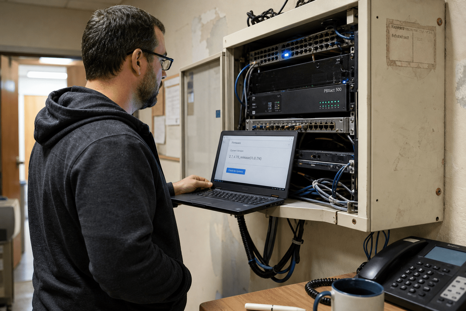 Phone System Security: Your PBX Is an Internet-Facing Server 1 Network engineer inspecting a PBX appliance in a wall-mounted comms cabinet