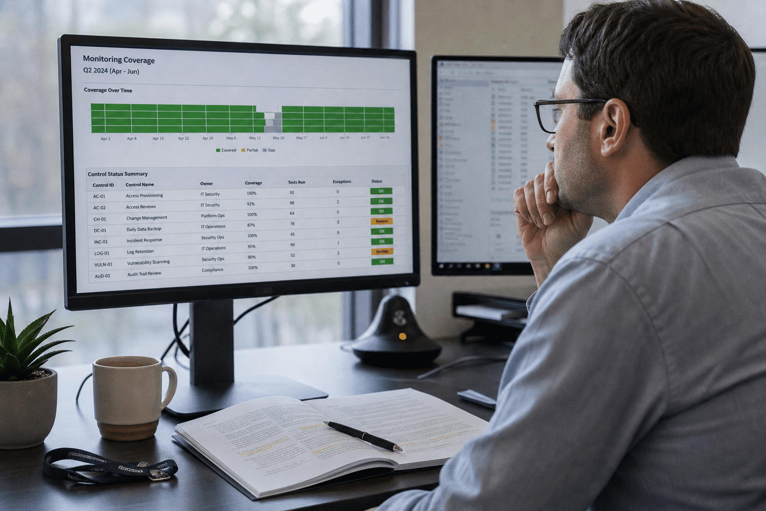 Best AI Tools for Continuous Monitoring Reporting in 2026 1 A compliance officer reviewing a control coverage timeline report on a monitor while annotating a printed quarterly monitoring summary