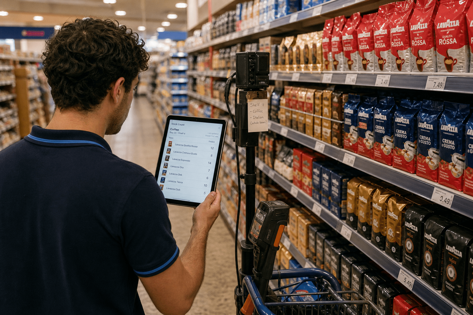 Best AI Vision Tools for Retail Inventory Auditing in 2026 1 A retail staff member walking a supermarket aisle with a trolley-mounted camera device while a tablet shows shelf stock counts
