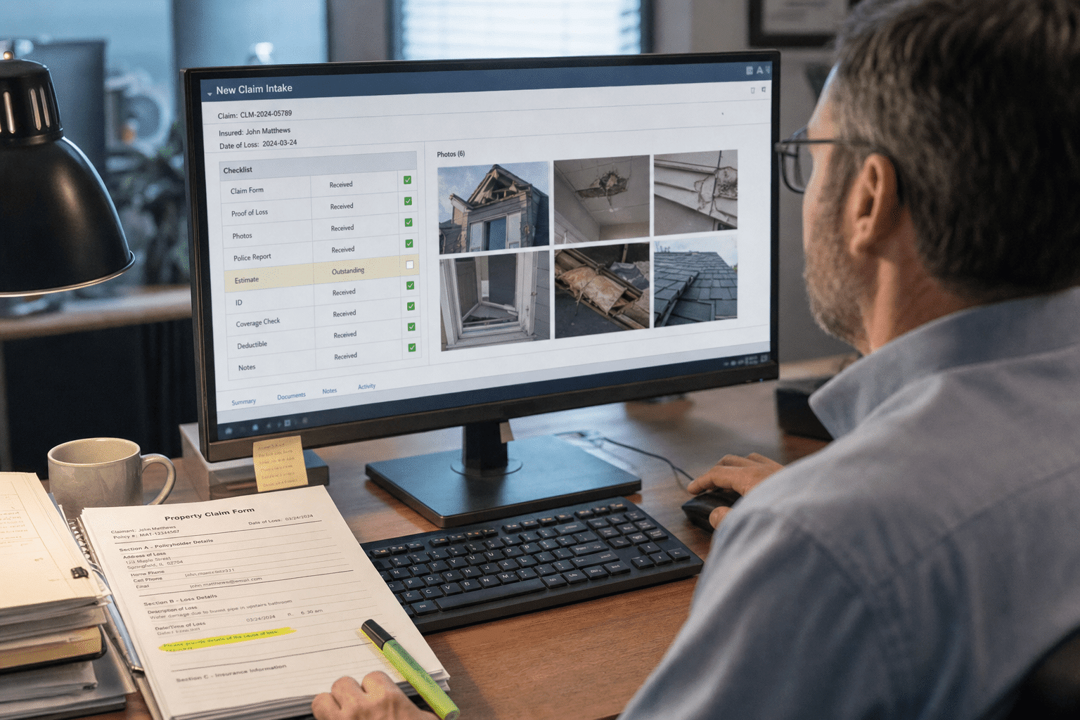 Best AI Agents for Claims Processing in 2026 1 A claims handler reviewing an intake file on screen showing a document checklist with one item marked missing beside submitted damage photographs