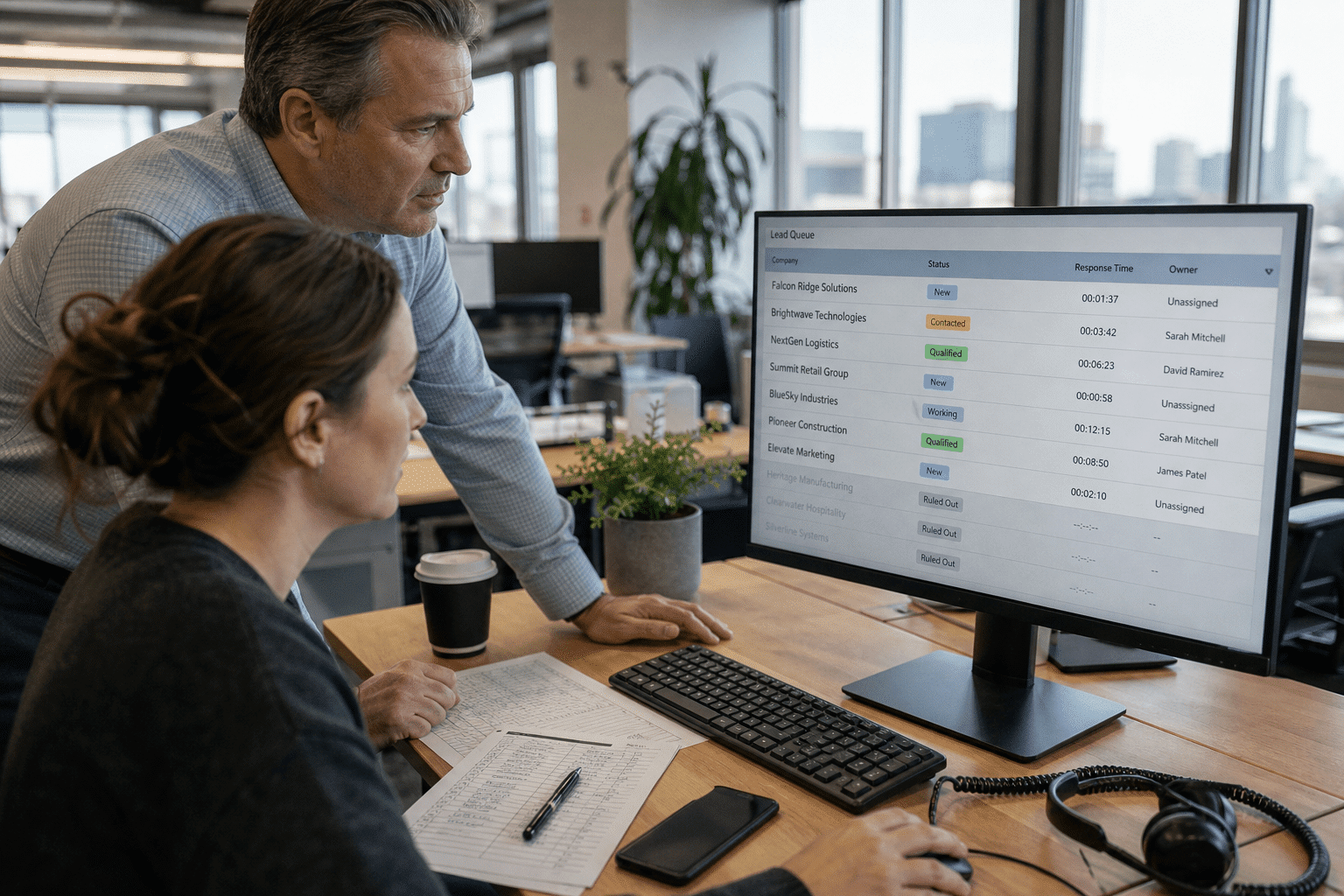 Best AI Agents for Lead Qualification in 2026 1 A sales manager reviewing a lead queue on screen showing qualified and disqualified leads with response time counters beside each row
