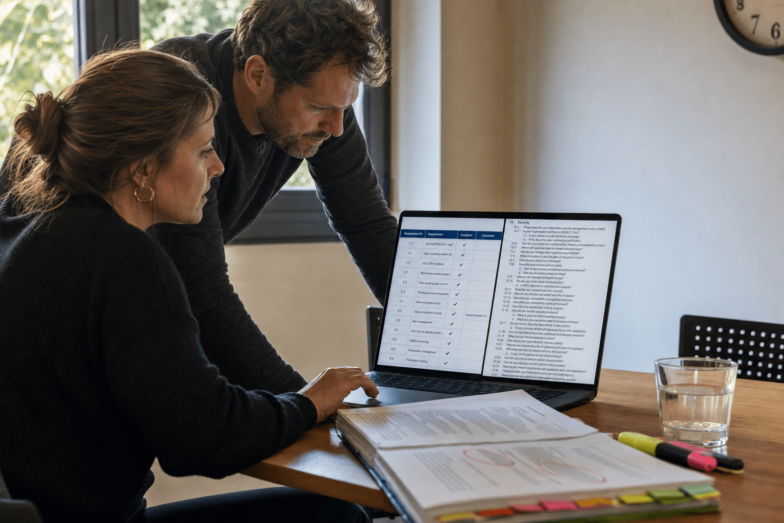 Best AI Tools for RFP and Proposal Drafting in 2026 1 A bid manager and a technical expert reviewing an RFP response on screen with a compliance matrix and a questionnaire annexe open beside it