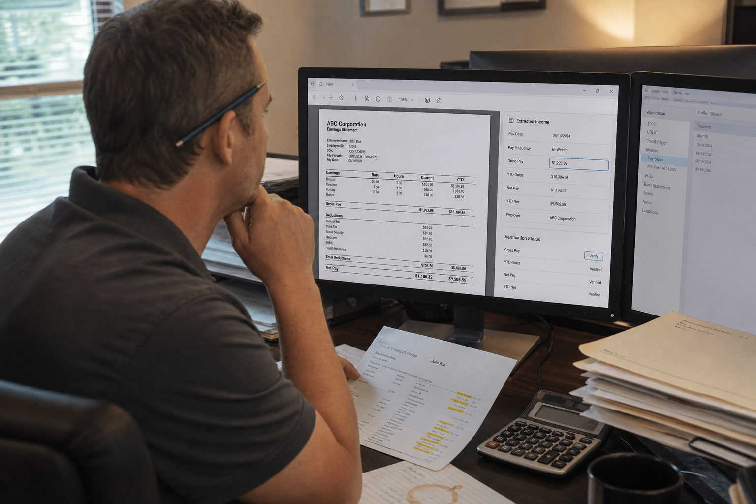 Best AI Document Tools for Loan Underwriting in 2026 1 A loan underwriter reviewing extracted income figures on screen alongside a scanned pay stub and bank statement with one value flagged for verification