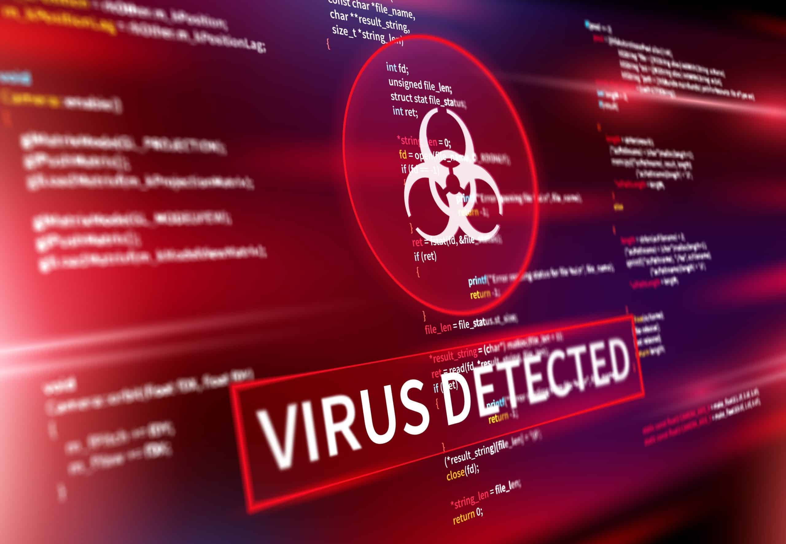 Virus detected warning alert on computer screen
